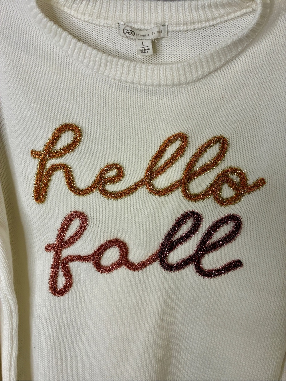 Cato Fashions Hello Fall Cream Knit Sweater Shimmer Embroidered Womens size L